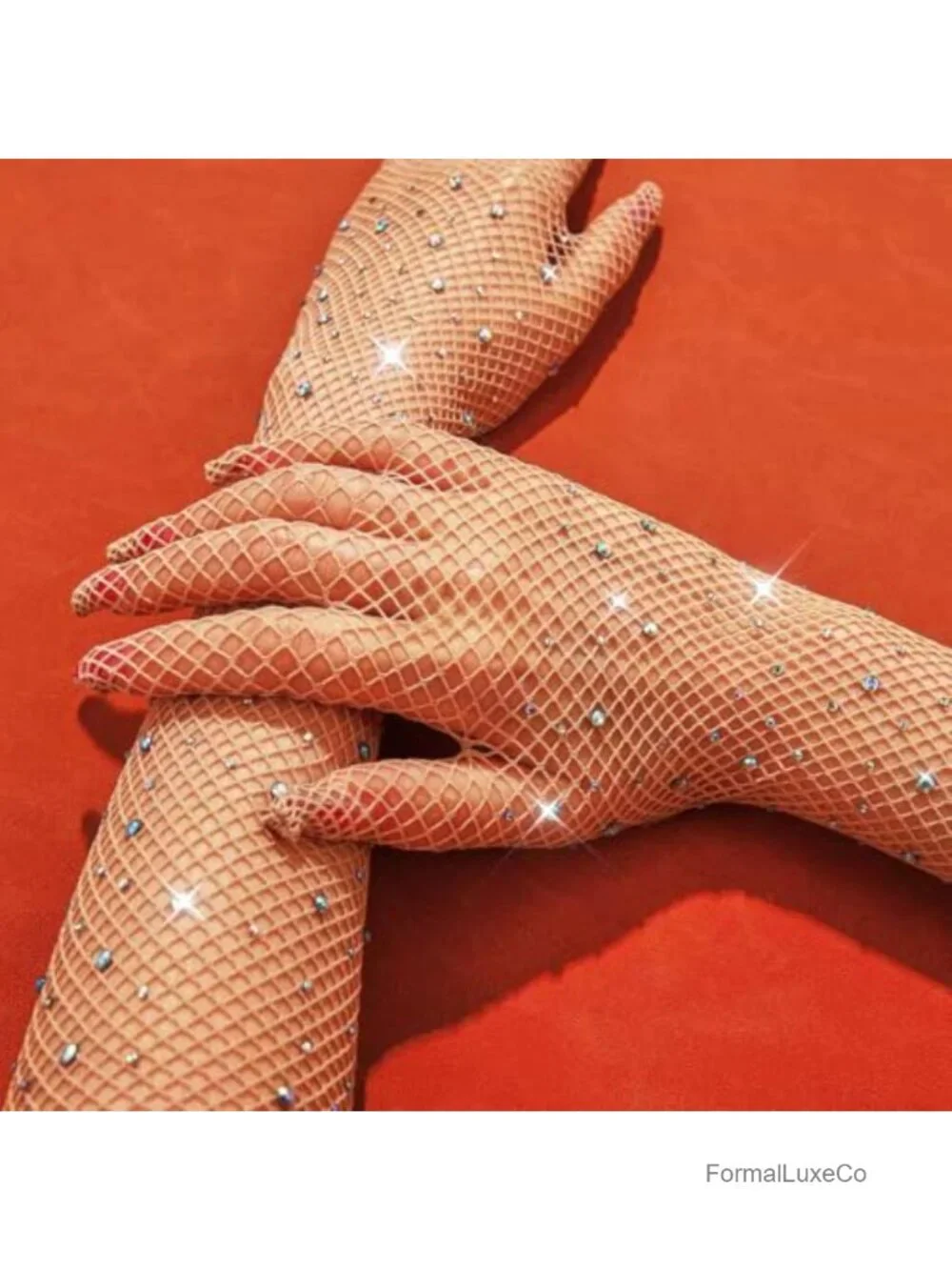Rhinestone Fishnet Long Gloves - Glitter Mesh Elbow Length Rave Costume Gloves